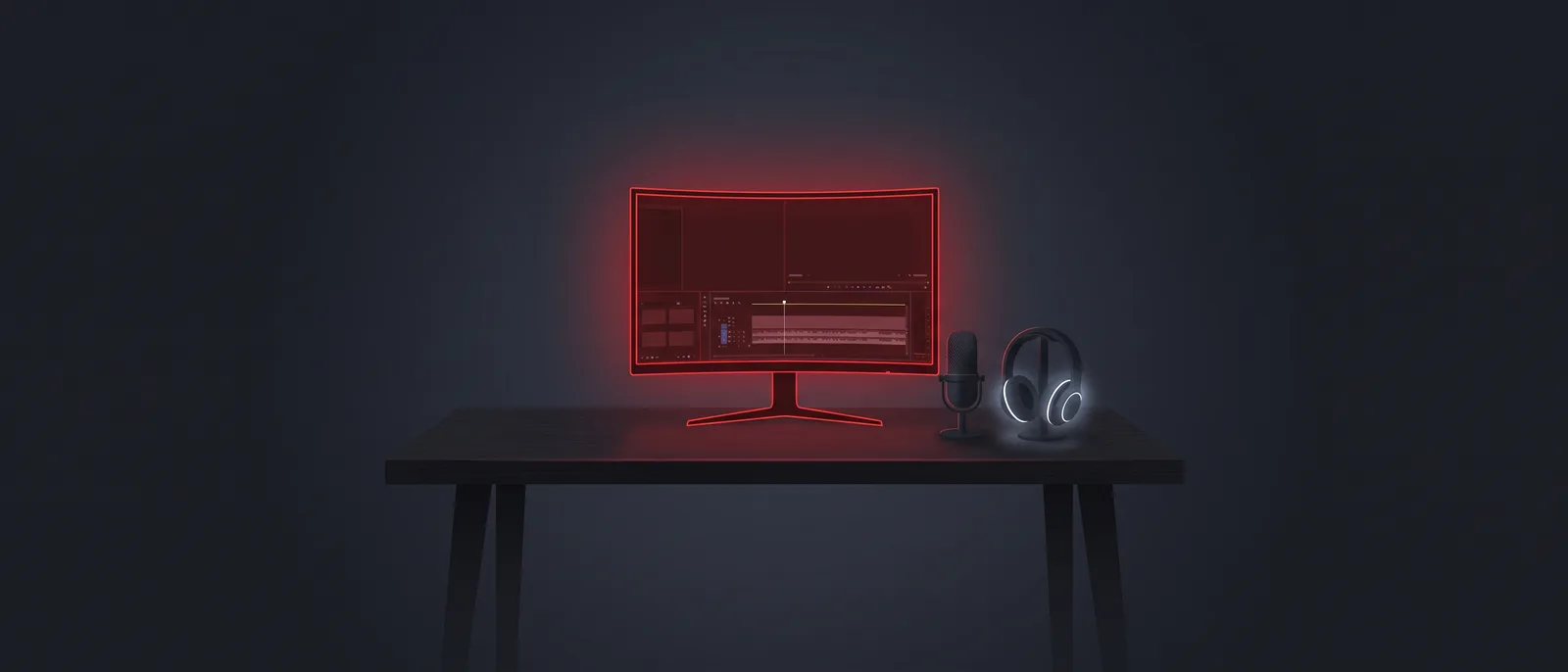 Donkere creator-desk met een rood oplichtend scherm vol video-timeline, microfoon en koptelefoon — een faceless YouTube-setup